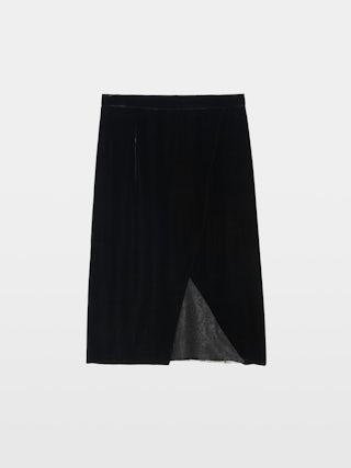 Julen Velvet Skirt - Mid-length velvet skirt with lingerie inspiration featuring lace and wrap cut.