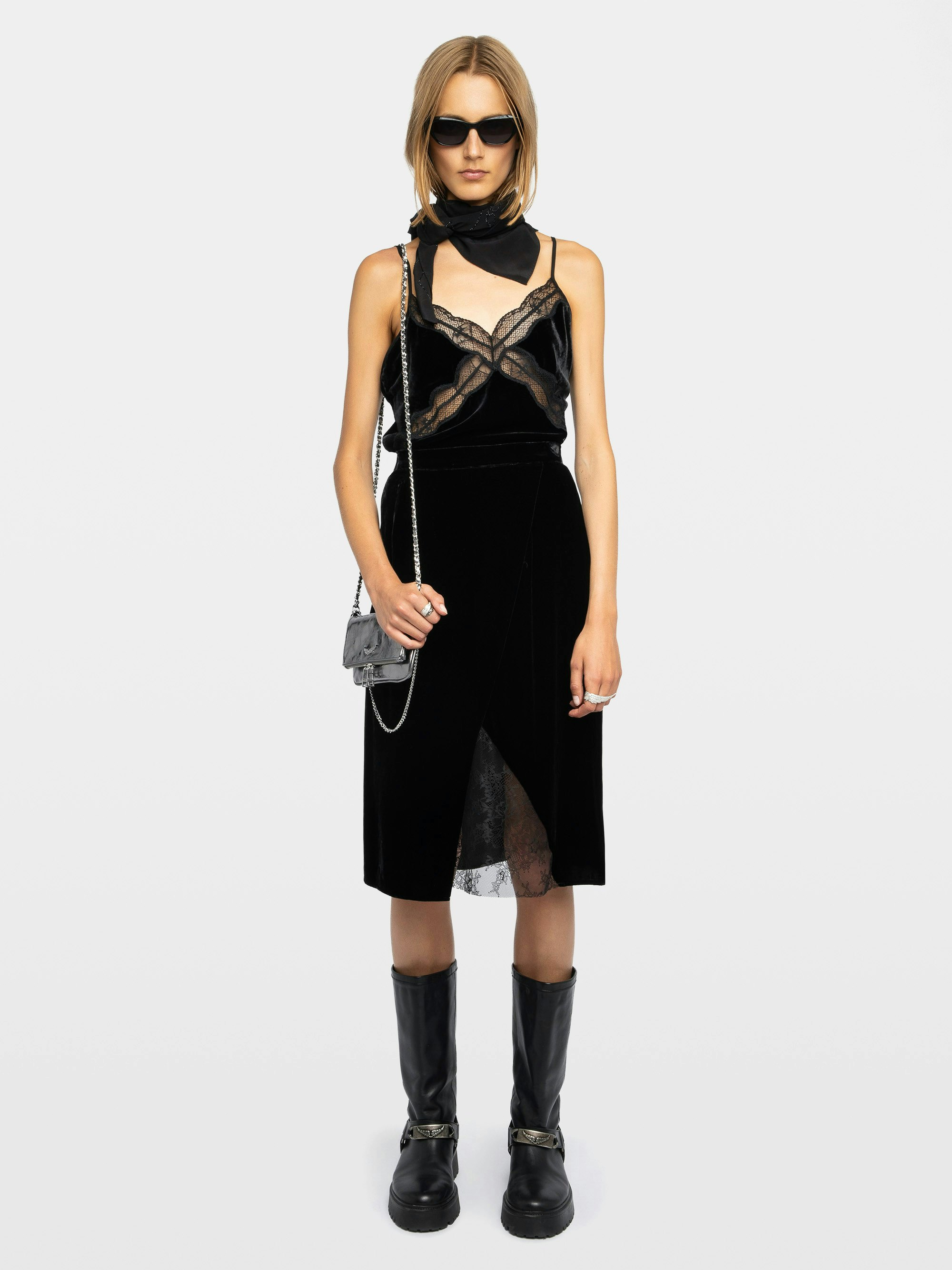 Julen Velvet Skirt - Mid-length velvet skirt with lingerie inspiration featuring lace and wrap cut.