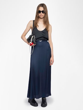 Jimeno Satin Skirt - Long viscose satin skirt with back slit, zip fastening and metal wings on the belt.