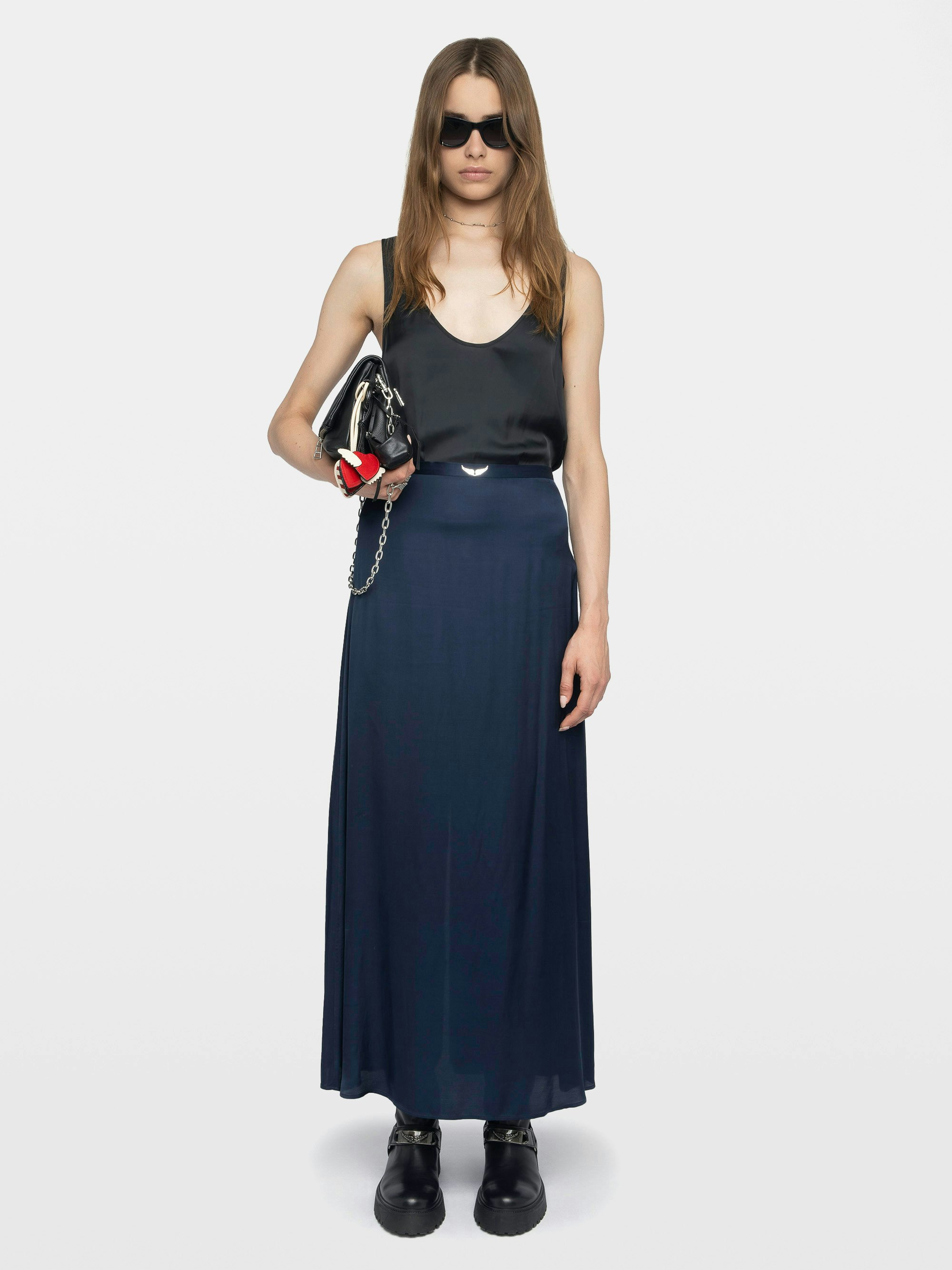 Jimeno Satin Skirt - Long viscose satin skirt with back slit, zip fastening and metal wings on the belt.