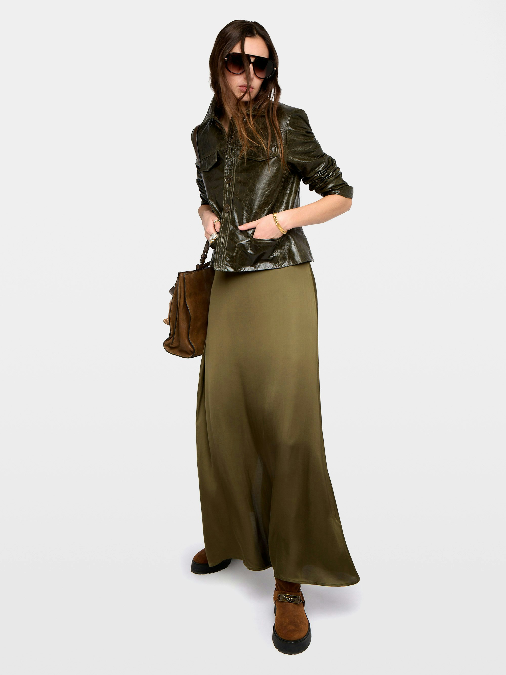 Jimeno Satin Skirt - Long skirt in viscose satin with back slit, zip closure and metal wings on belt.