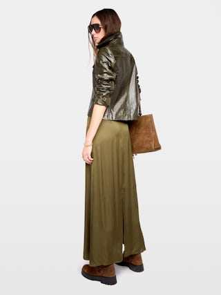 Jimeno Satin Skirt - Long skirt in viscose satin with back slit, zip closure and metal wings on belt.