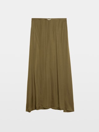 Jimeno Satin Skirt - Long skirt in viscose satin with back slit, zip closure and metal wings on belt.