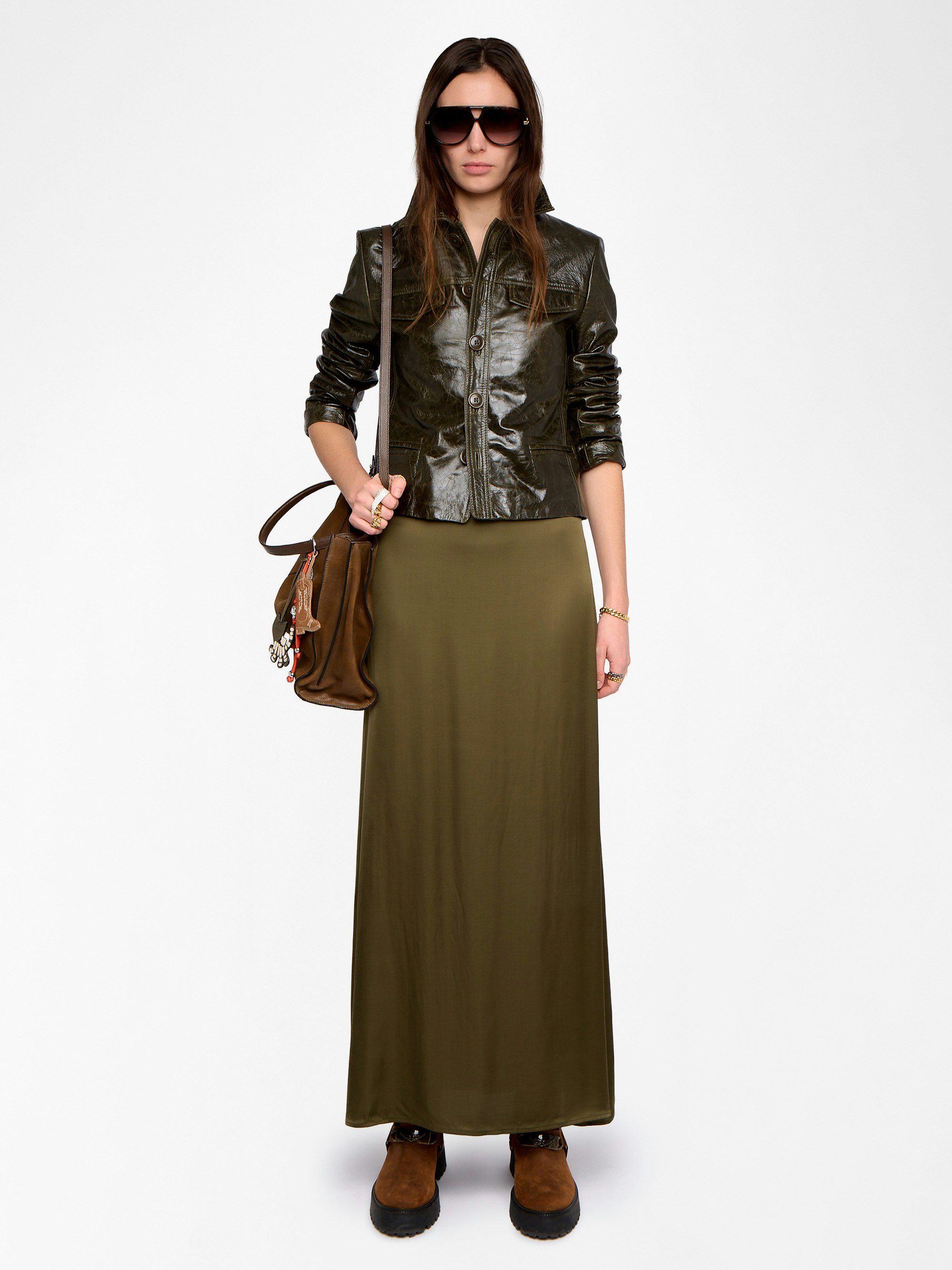 Jimeno Satin Skirt - Long skirt in viscose satin with back slit, zip closure and metal wings on belt.