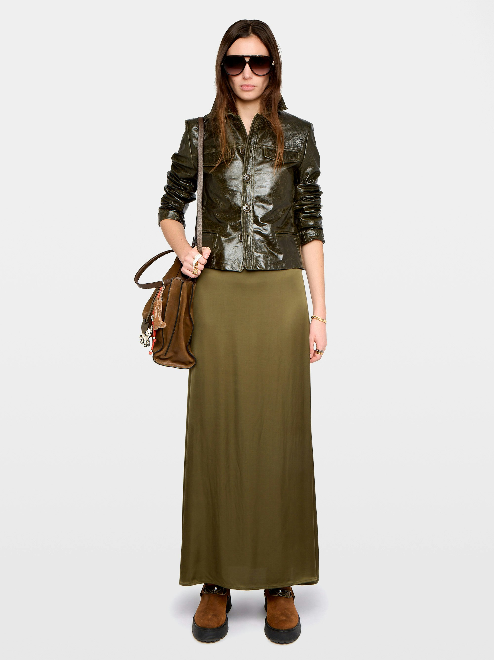 Jimeno Satin Skirt - Long skirt in viscose satin with back slit, zip closure and metal wings on belt.