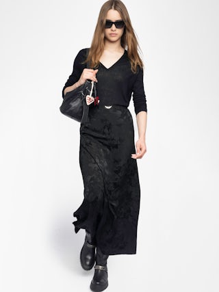 Jimeno Rock 100% Seide - Langer Seidenrock mit Jacquard-Kettenmuster, Rückenschlitz, Reißverschluss und Metallflügeln am Bund.