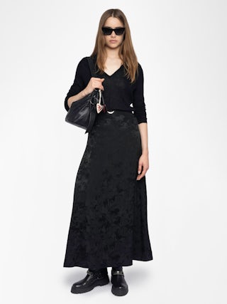 Jimeno Rock 100% Seide - Langer Seidenrock mit Jacquard-Kettenmuster, Rückenschlitz, Reißverschluss und Metallflügeln am Bund.