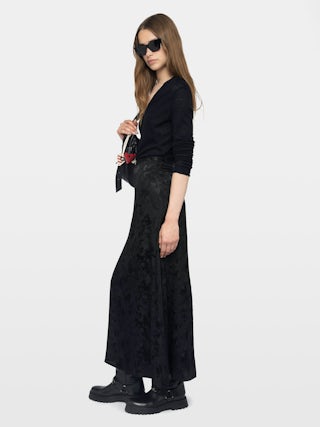 Jimeno Skirt 100% Silk - Long silk skirt with jacquard chain pattern, back slit, zip fastening and metallic wings on the waistband.