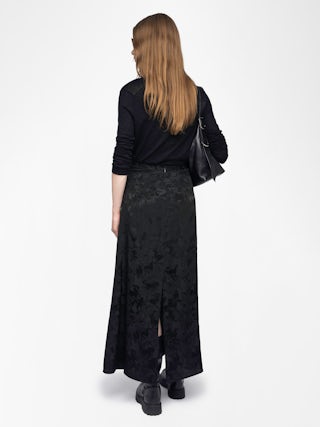 Jimeno Rock 100% Seide - Langer Seidenrock mit Jacquard-Kettenmuster, Rückenschlitz, Reißverschluss und Metallflügeln am Bund.