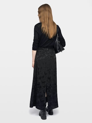 Jimeno Skirt 100% Silk - Long silk skirt with jacquard chain pattern, back slit, zip fastening and metallic wings on the waistband.