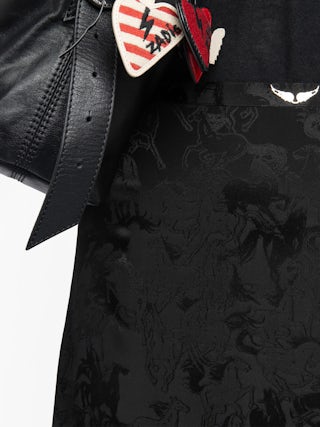 Jimeno Rock 100% Seide - Langer Seidenrock mit Jacquard-Kettenmuster, Rückenschlitz, Reißverschluss und Metallflügeln am Bund.