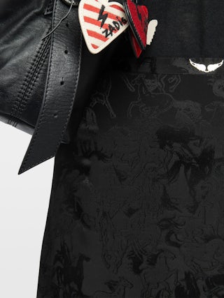 Jimeno Skirt 100% Silk - Long silk skirt with jacquard chain pattern, back slit, zip fastening and metallic wings on the waistband.