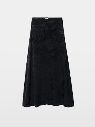Jimeno Skirt 100% Silk - Long silk skirt with jacquard chain pattern, back slit, zip fastening and metallic wings on the waistband.