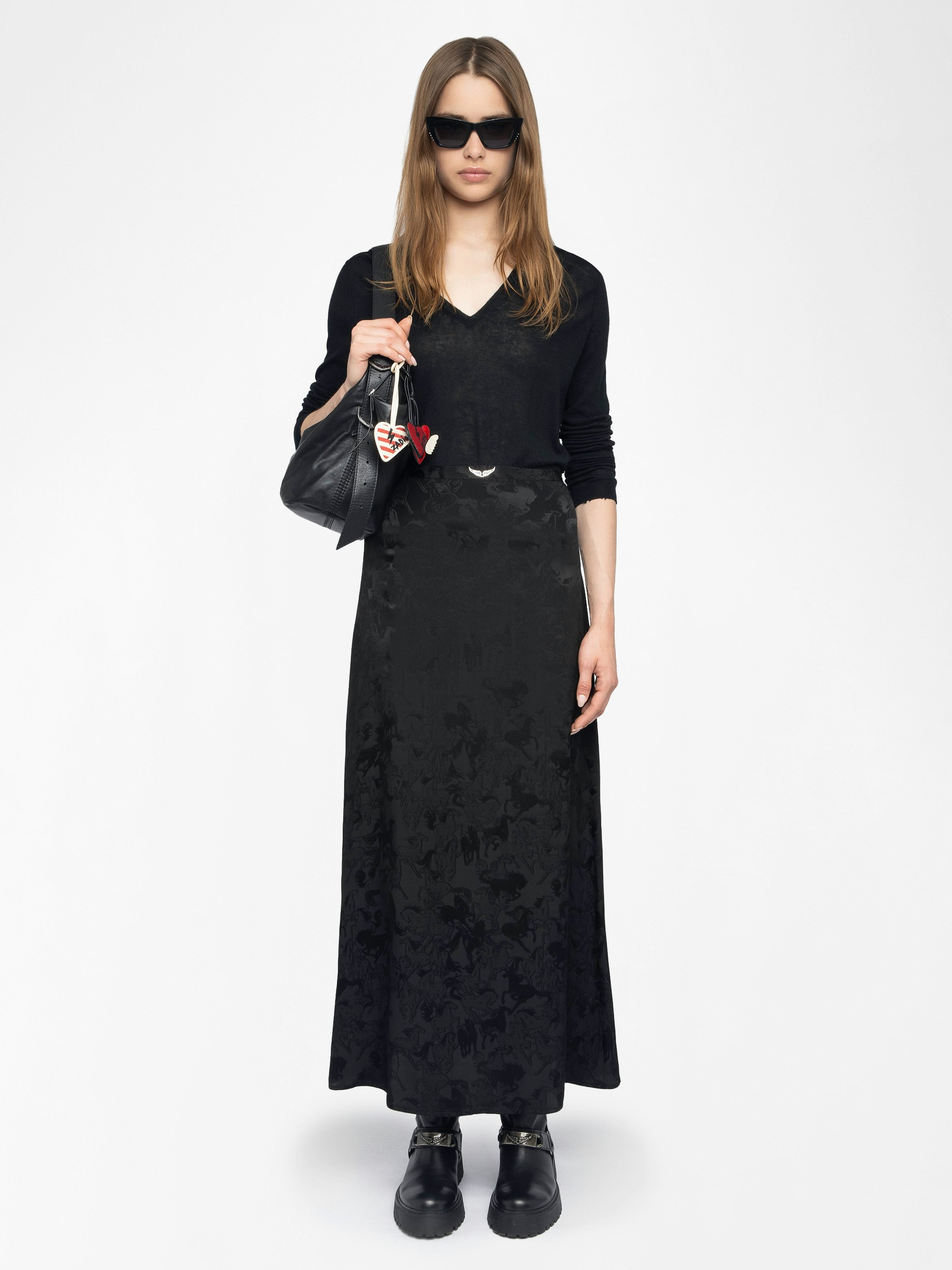 Jupe Jimeno 100% Soie - Jupe longue en soie jacquard chaines avec fente dos, fermeture fermeture zippée et ailes métallique sur ceinture.