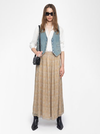 Jady Skirt - Long printed chiffon skirt with golden stripes and slit, zip fastening.