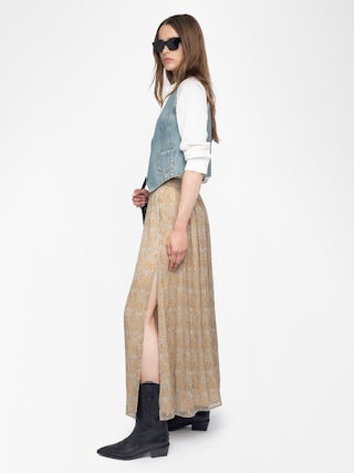 Jady Skirt - Long printed chiffon skirt with golden stripes and slit, zip fastening.