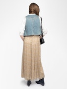 Jady Skirt - Long printed chiffon skirt with golden stripes and slit, zip fastening.