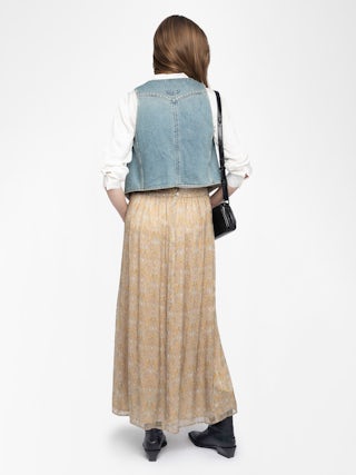Jady Skirt - Long printed chiffon skirt with golden stripes and slit, zip fastening.