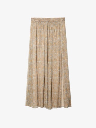 Jady Skirt - Long printed chiffon skirt with golden stripes and slit, zip fastening.