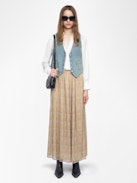 Jady Skirt - Long printed chiffon skirt with golden stripes and slit, zip fastening.