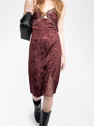 Julen Silk Lace Skirt​ - Mid-length skirt in jacquard silk, lingerie spirit with lace and wrap cut.