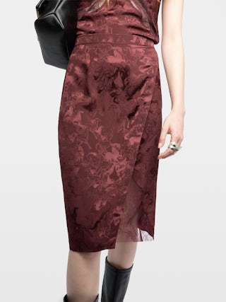 Jupe Julen 100% Soie - Jupe mi-longue en soie jacquard, esprit lingerie avec dentelle et coupe portefeuille.