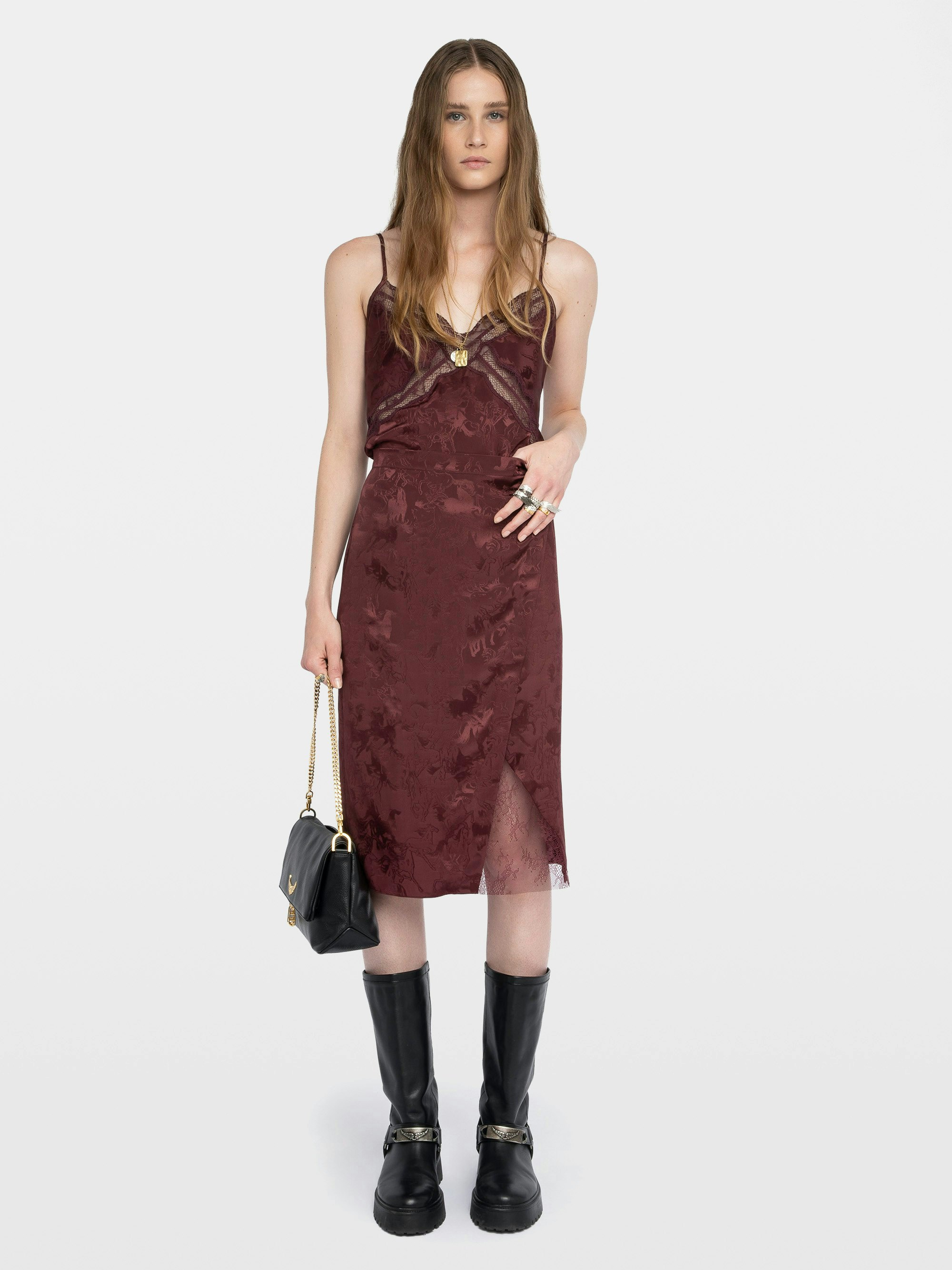 Julen Skirt 100% Silk - Mid-length skirt in jacquard silk, lingerie spirit with lace and wrap cut.