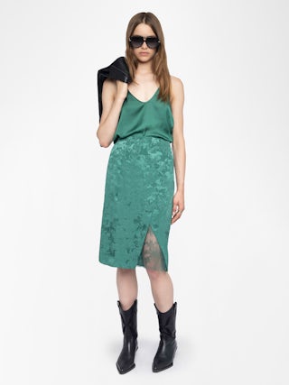 Julen Silk Lace Skirt​ - Mid-length skirt in silk jacquard, lingerie-inspired with lace and wrap cut.