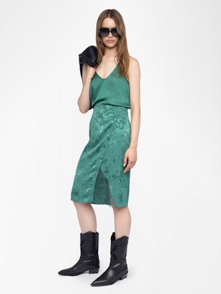 Julen Silk Lace Skirt​ - Mid-length skirt in silk jacquard, lingerie-inspired with lace and wrap cut.