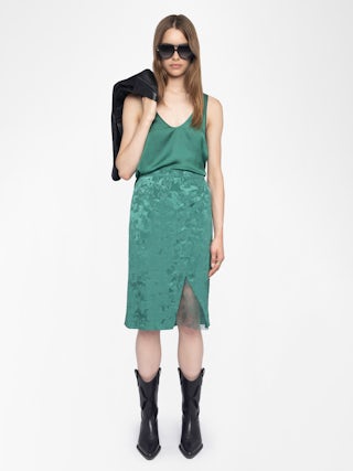 Julen Silk Lace Skirt​ - Mid-length skirt in silk jacquard, lingerie-inspired with lace and wrap cut.