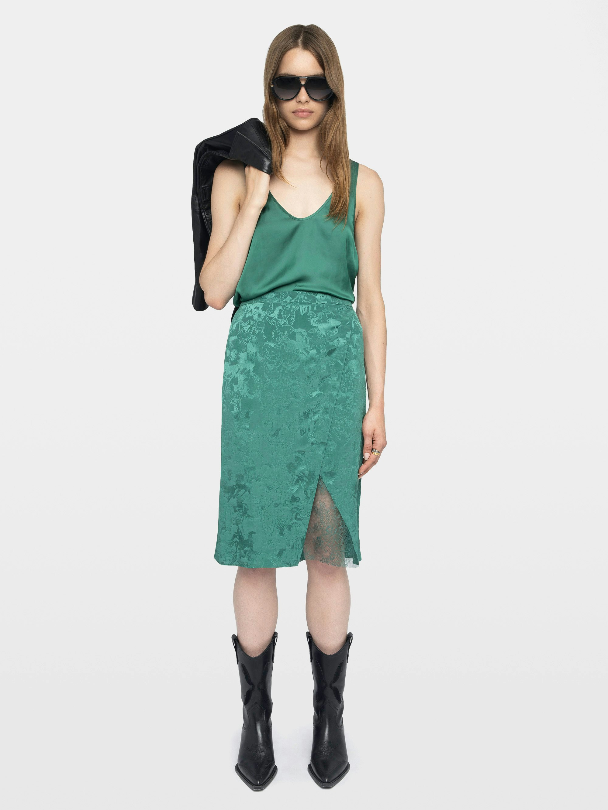 Falda Julen 100% Seda - Falda media en seda jacquard, inspiración lencería con encaje y corte cruzado.