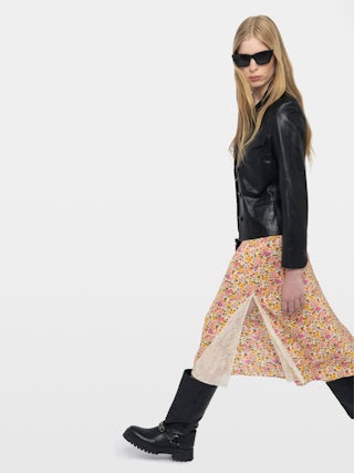 Jayla Womens Floral Midi Skirt - Mid-length lingerie-inspired skirt in viscose with lace details.