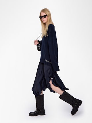 Jupe Jeto Satin - Jupe longue asymétrique en satin japonais, avec charms ailes sur cordon taille.