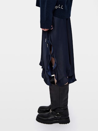 Gonna Jeto Satin - Gonna lunga asimmetrica in raso giapponese, con charms ali su cordino in vita.