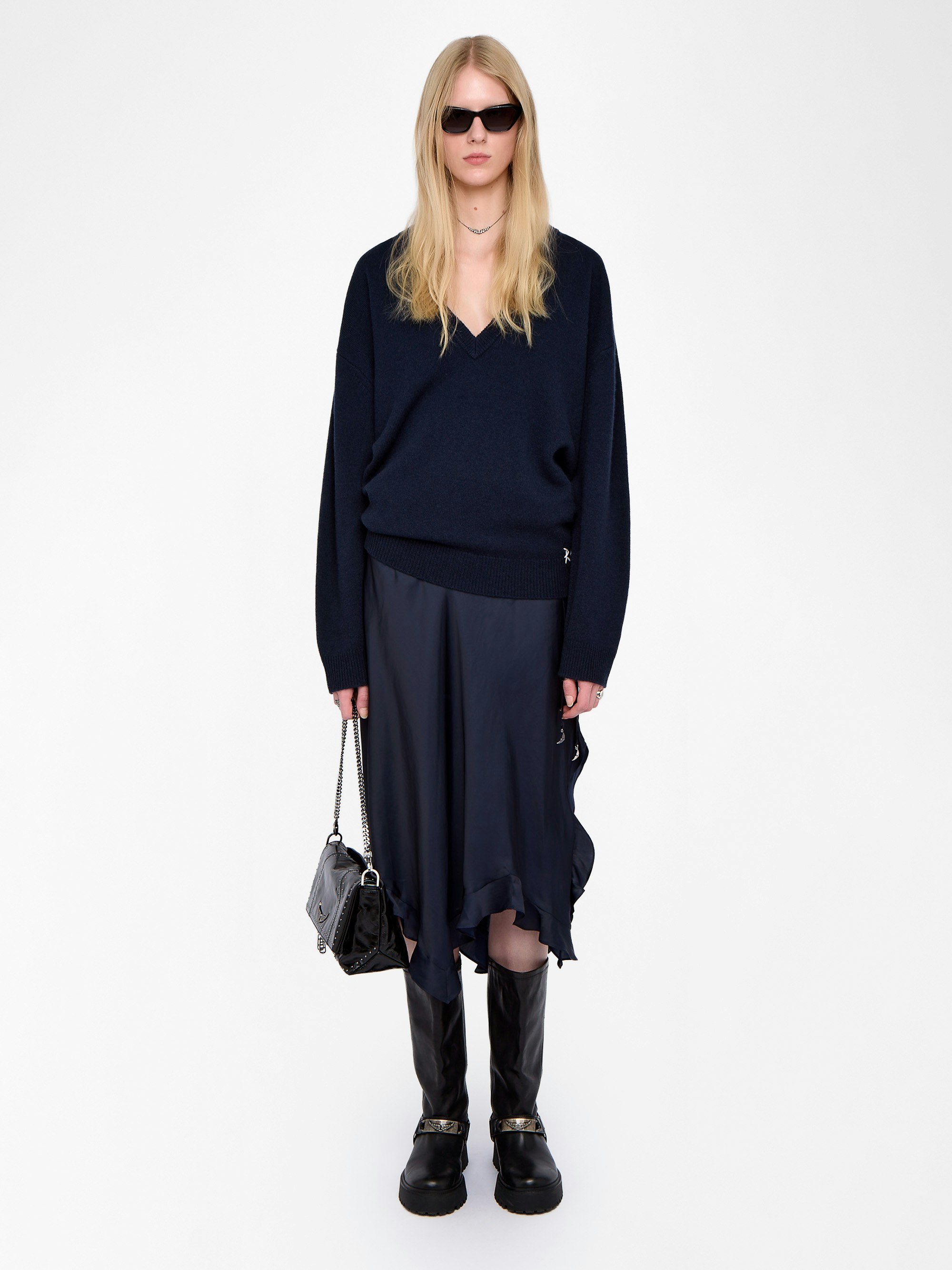 Jeto Satin Skirt - Long asymmetrical skirt in Japanese satin, with wing charms on waist cord.