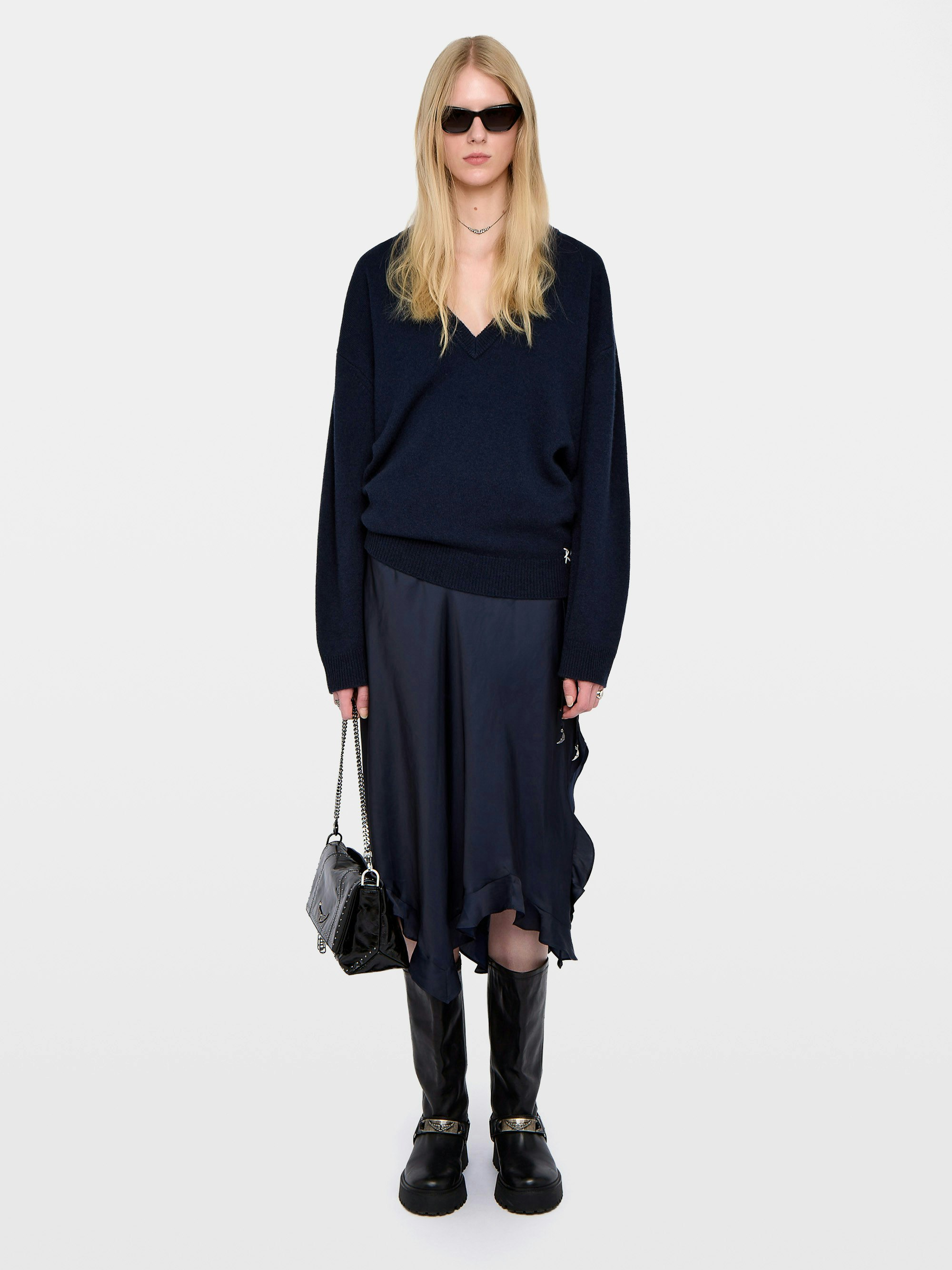 Jeto Satin Skirt - Long asymmetrical skirt in Japanese satin, with wing charms on waist cord.