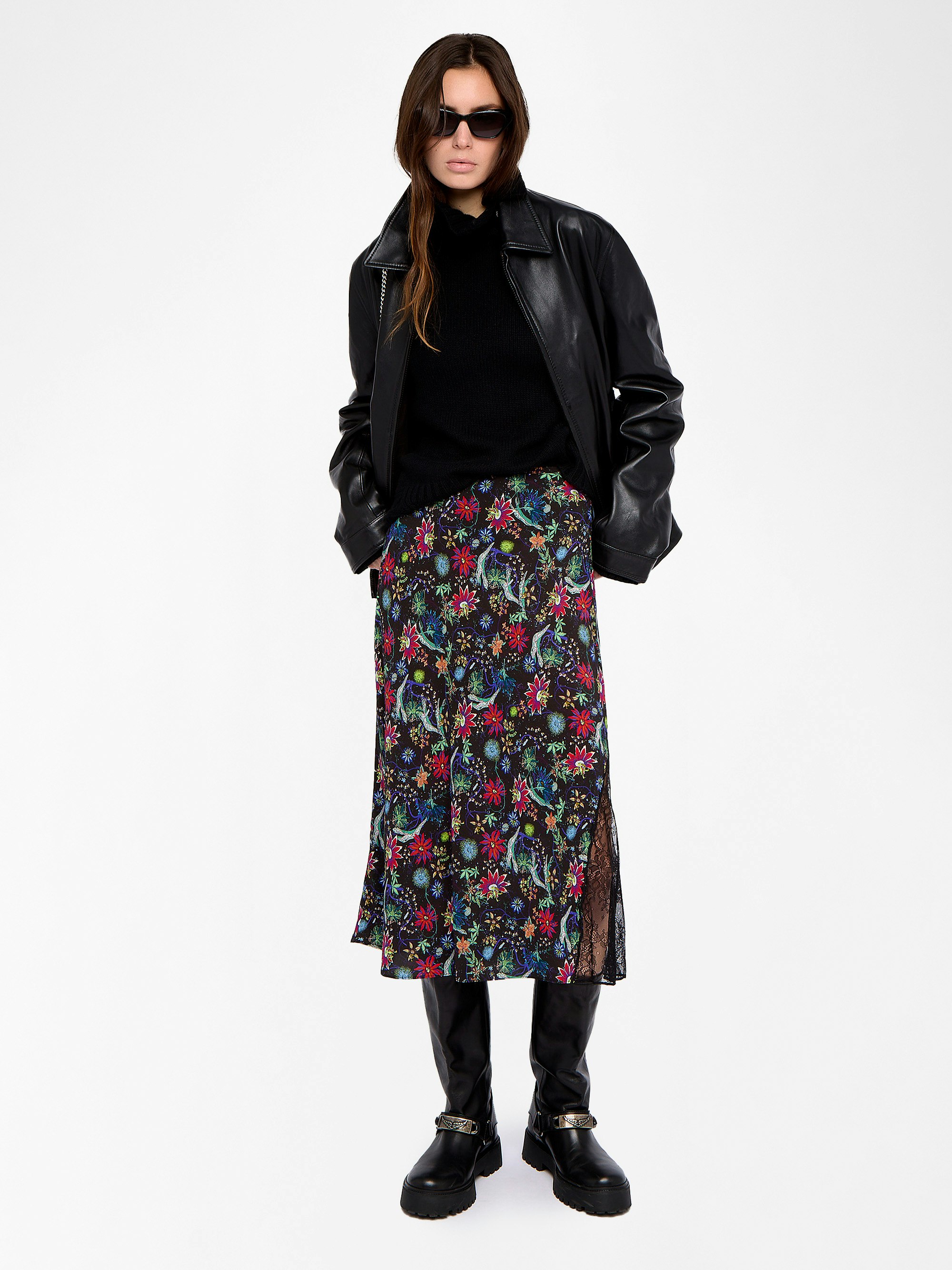 Jayla Skirt - Mid-length lingerie-inspired skirt in printed viscose with lace.