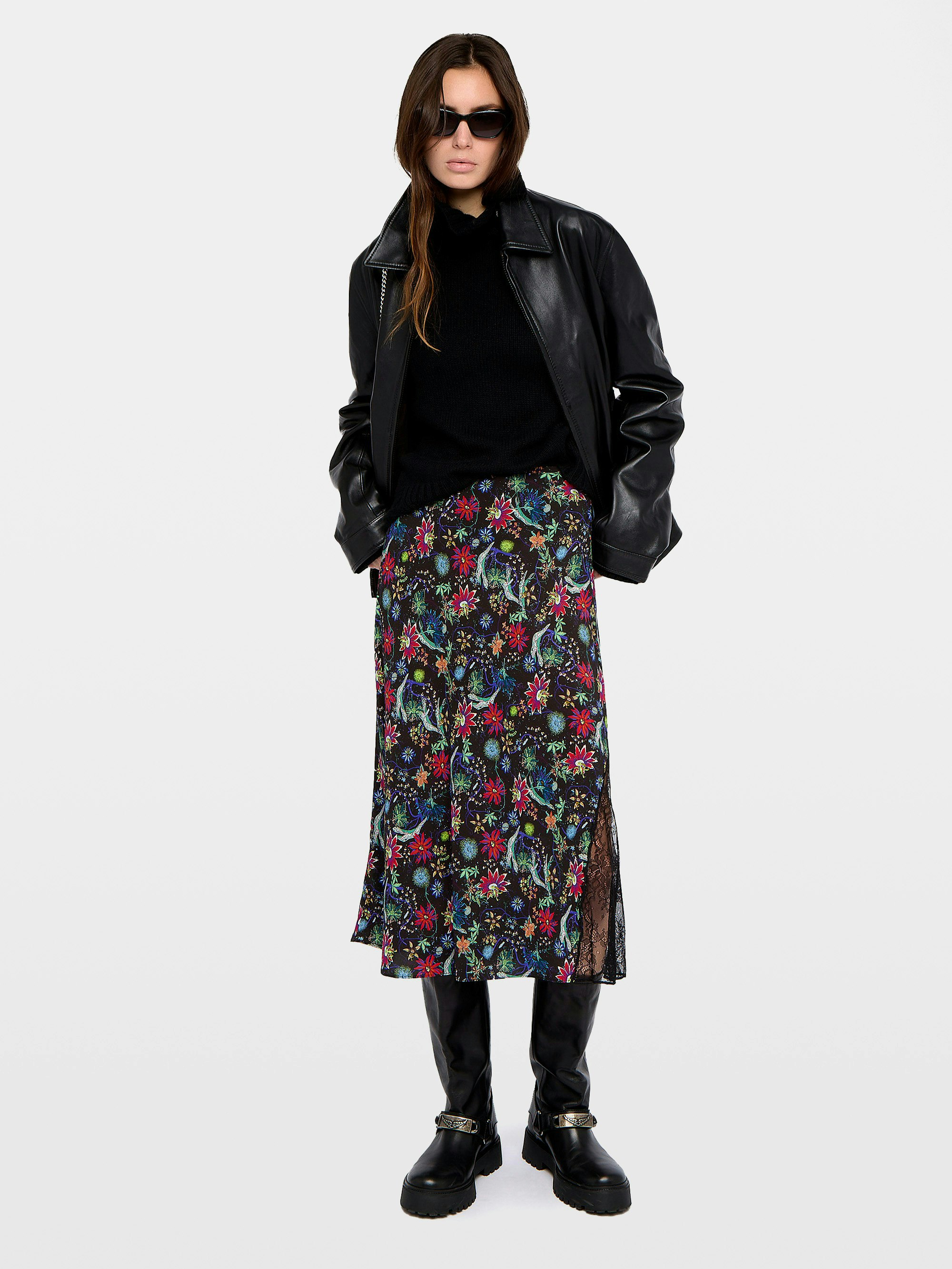 Jayla Skirt - Mid-length lingerie-inspired skirt in printed viscose with lace.