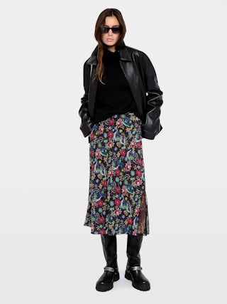 Jayla Skirt - Mid-length lingerie-inspired skirt in printed viscose with lace.