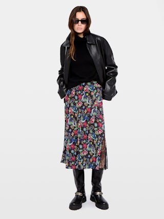 Jayla Skirt - Mid-length lingerie-inspired skirt in printed viscose with lace.