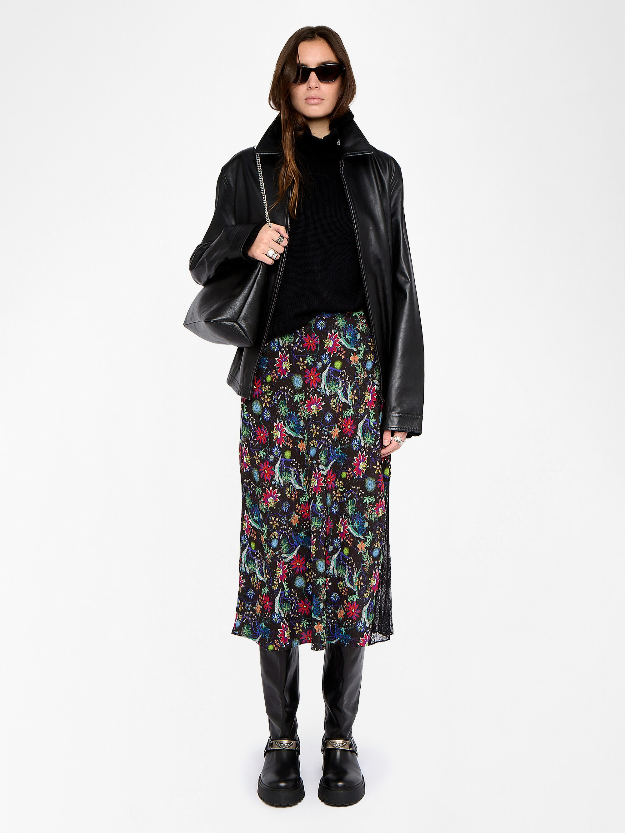 Jayla Skirt - Mid-length lingerie-inspired skirt in printed viscose with lace.