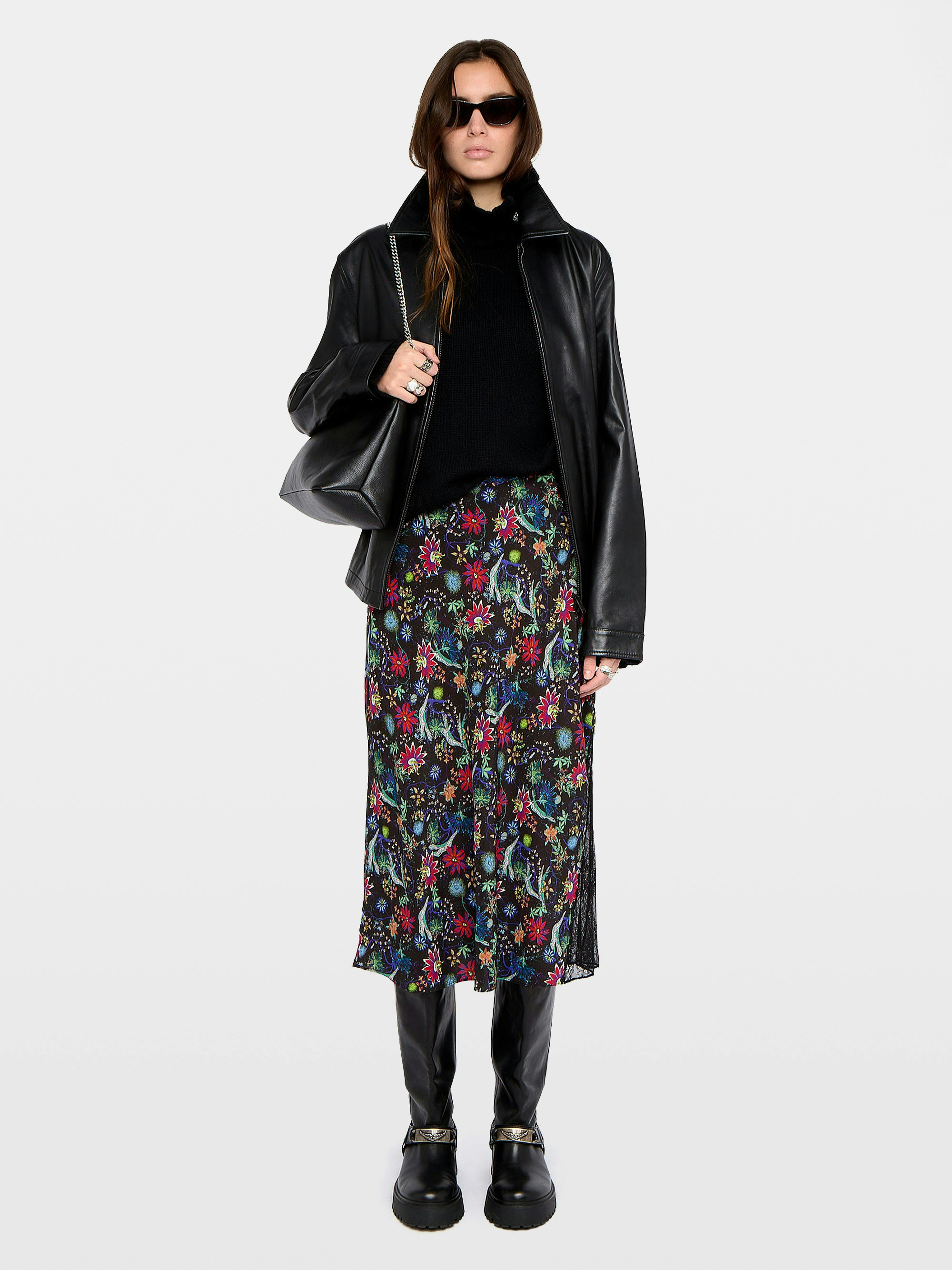 Jayla Skirt - Mid-length lingerie-inspired skirt in printed viscose with lace.
