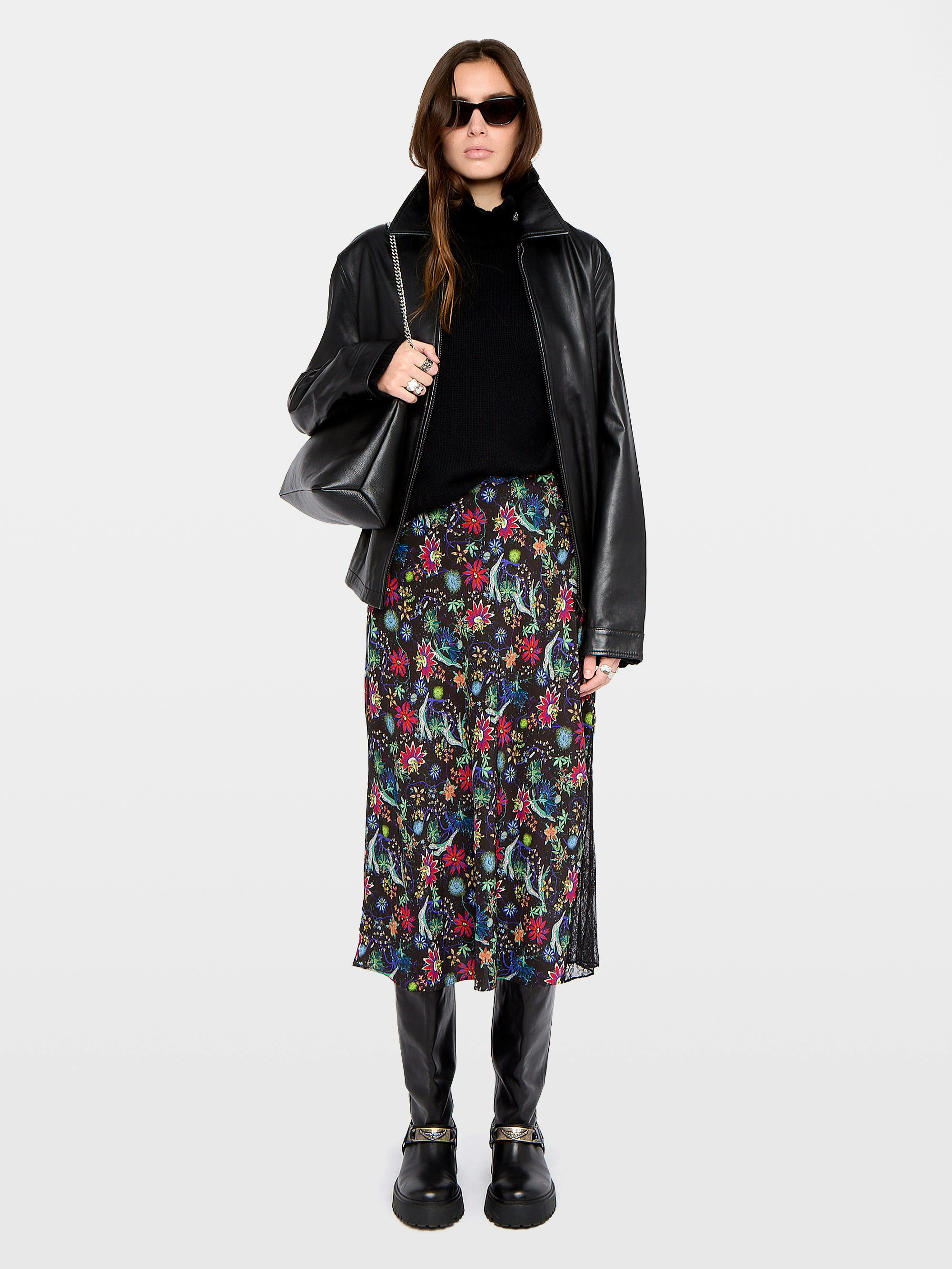 Jayla Skirt - Mid-length lingerie-inspired skirt in printed viscose with lace.