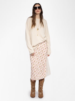 Rock Jayla - Midilanger Rock aus bedruckter Viskose mit Spitzeneinsatz.