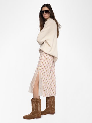 Rock Jayla - Midilanger Rock aus bedruckter Viskose mit Spitzeneinsatz.