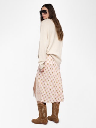 Rock Jayla - Midilanger Rock aus bedruckter Viskose mit Spitzeneinsatz.