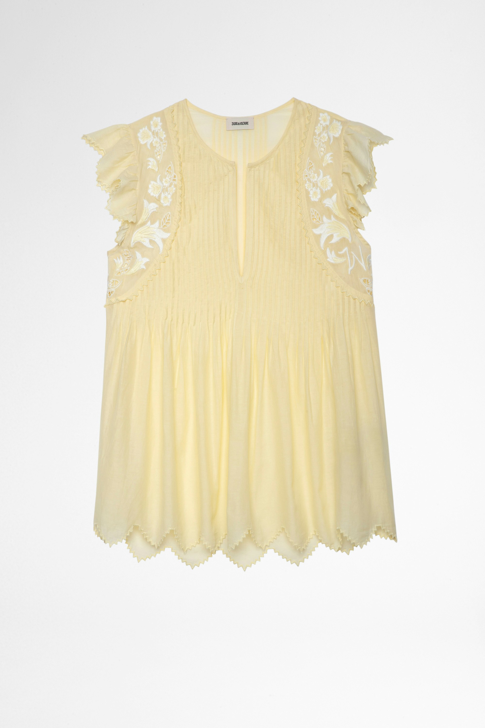Tiara Top Women's cotton top in light yellow with lace panels