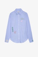 Tais Shirt - Women's striped cotton shirt in sky-blue with street art print