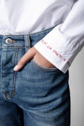 Topy Shirt - Women's white cotton shirt with 'C'est la vie' embroidered on the cuff