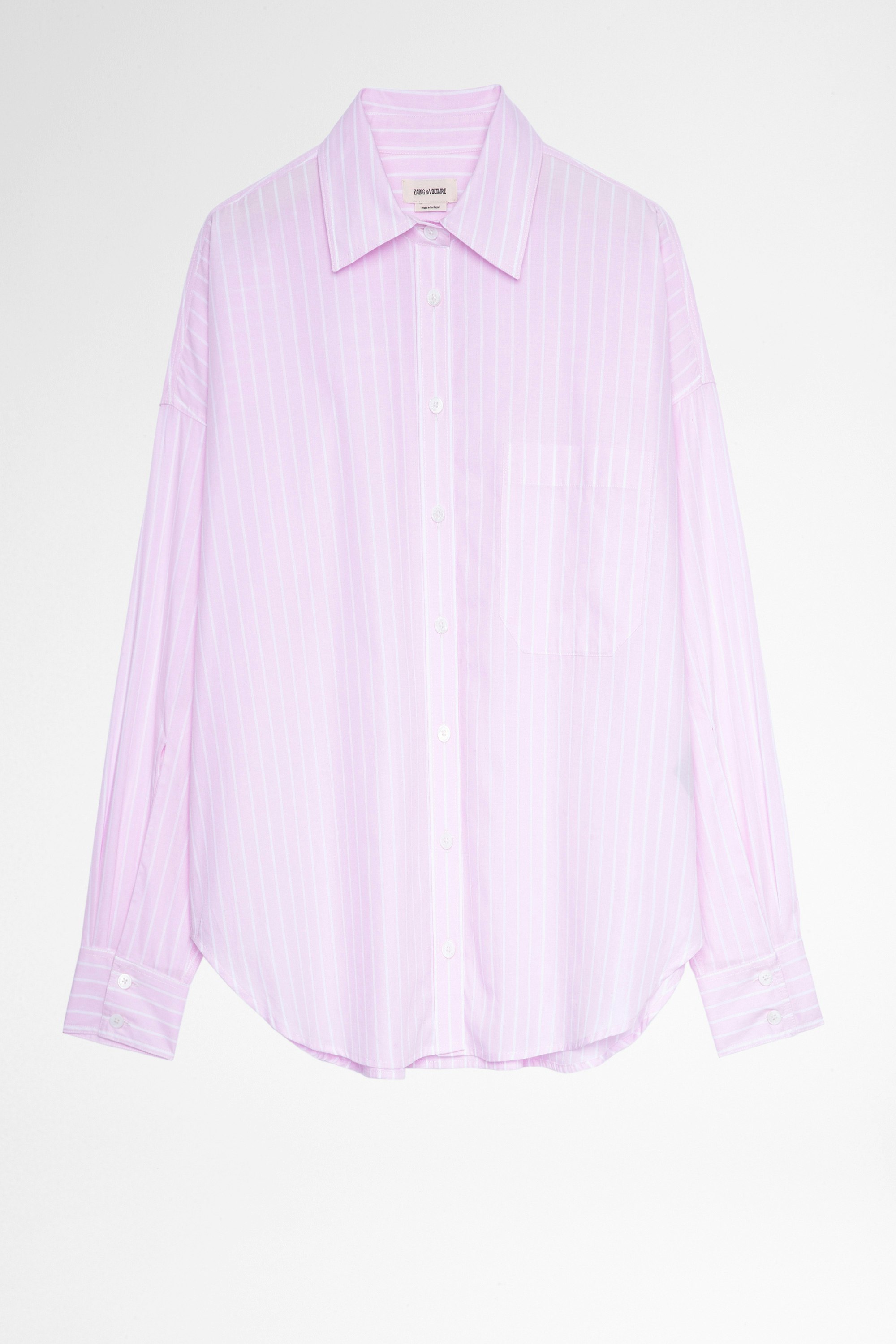 Camisa Tamara Camisa de mujer de algodón rosa a rayas con adorno Amour. Confeccionado con fibras procedentes de la agricultura ecológica.